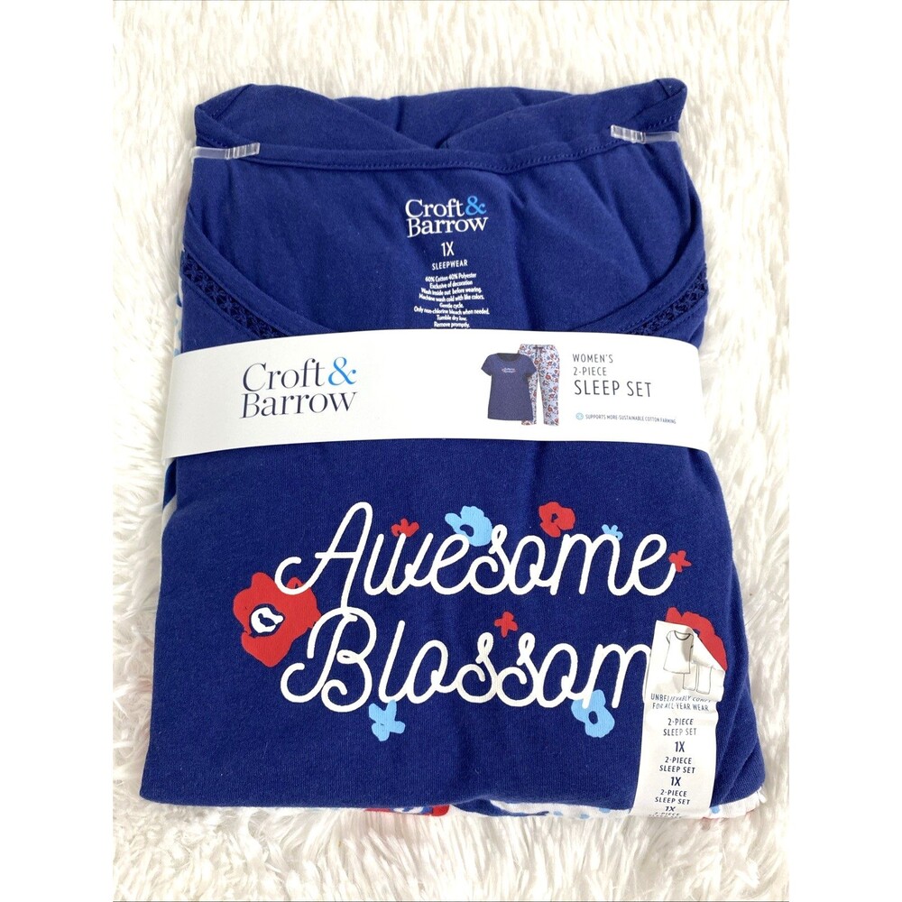 Croft & Borrow Set Top Pants 2-Piece Pajama Set Blue Floral Cotton Short Sleeves